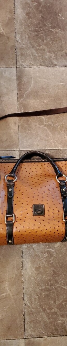 Dooney & Bourke Tan Ostrich-Embossed Tote with Black Trim and Gold Hardware
